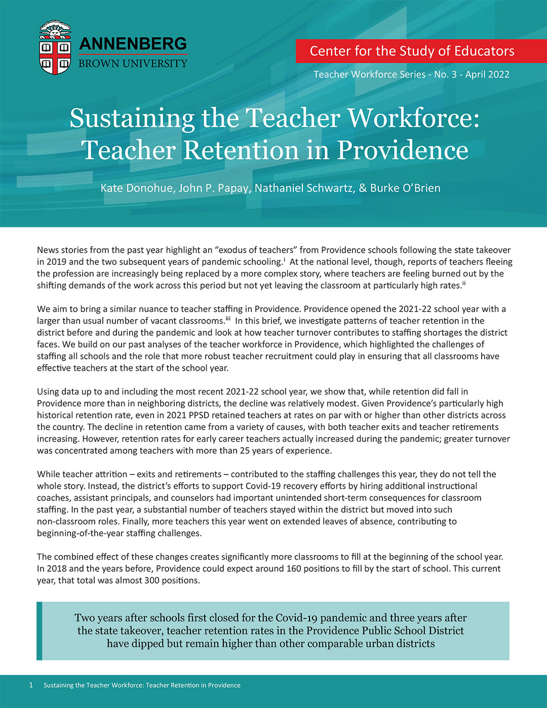 Sustaining the Teacher Workforce: Teacher Retention in Providence